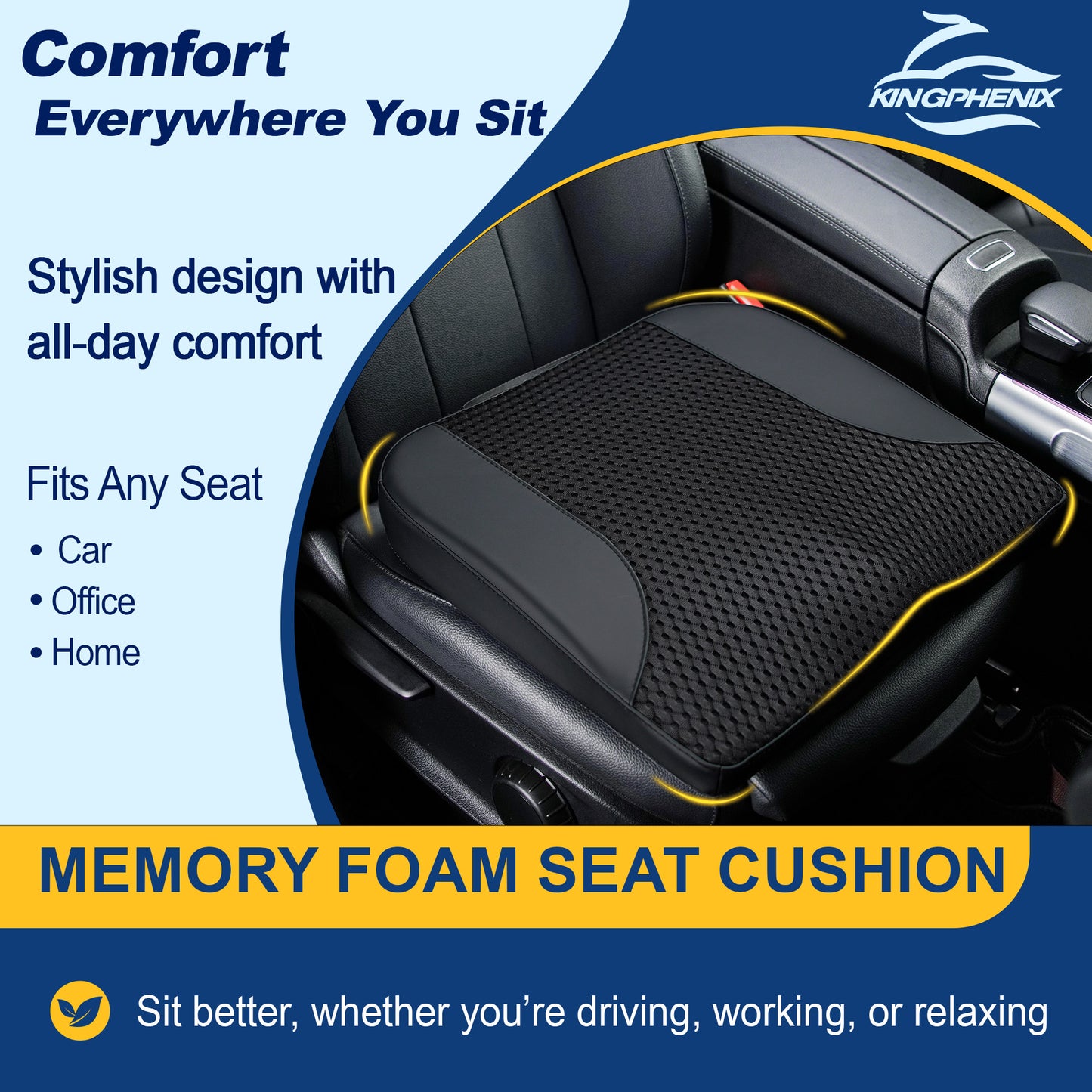kingphenix Car Seat Cushion – Memory Foam Pad for Driving Comfort – Boosts Height and Relieves Coccyx & Lower Back Pain – Car, Truck, Office Chair (Leather & 4D Mesh Black)