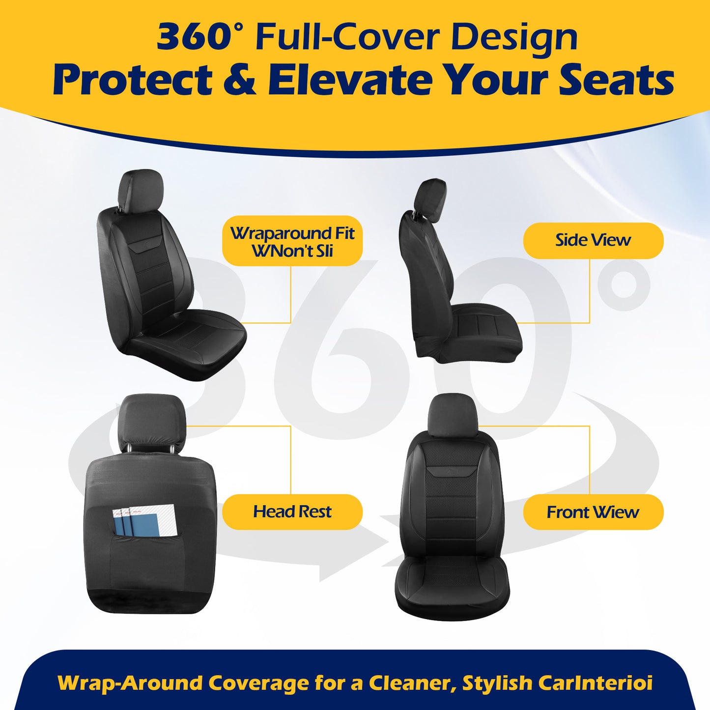 kingphenix 2 Pack Front Memory Foam Leather Car Seat Covers, Breathable 4D Mesh, Easy Install Automotive Seat Protectors, Airbag Compatible, Universal Fit for Cars, Trucks, Vans, SUV - Black