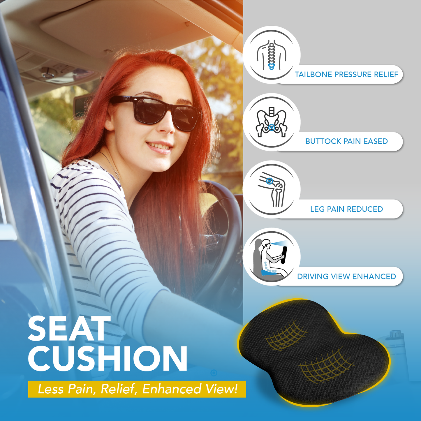 kingphenix Wedge Car Seat Cushion: Memory Foam Truck Seat Cushion for Car Seat Driver - Sciatica and Back Pain Relief - Enhancing Driving Comfort