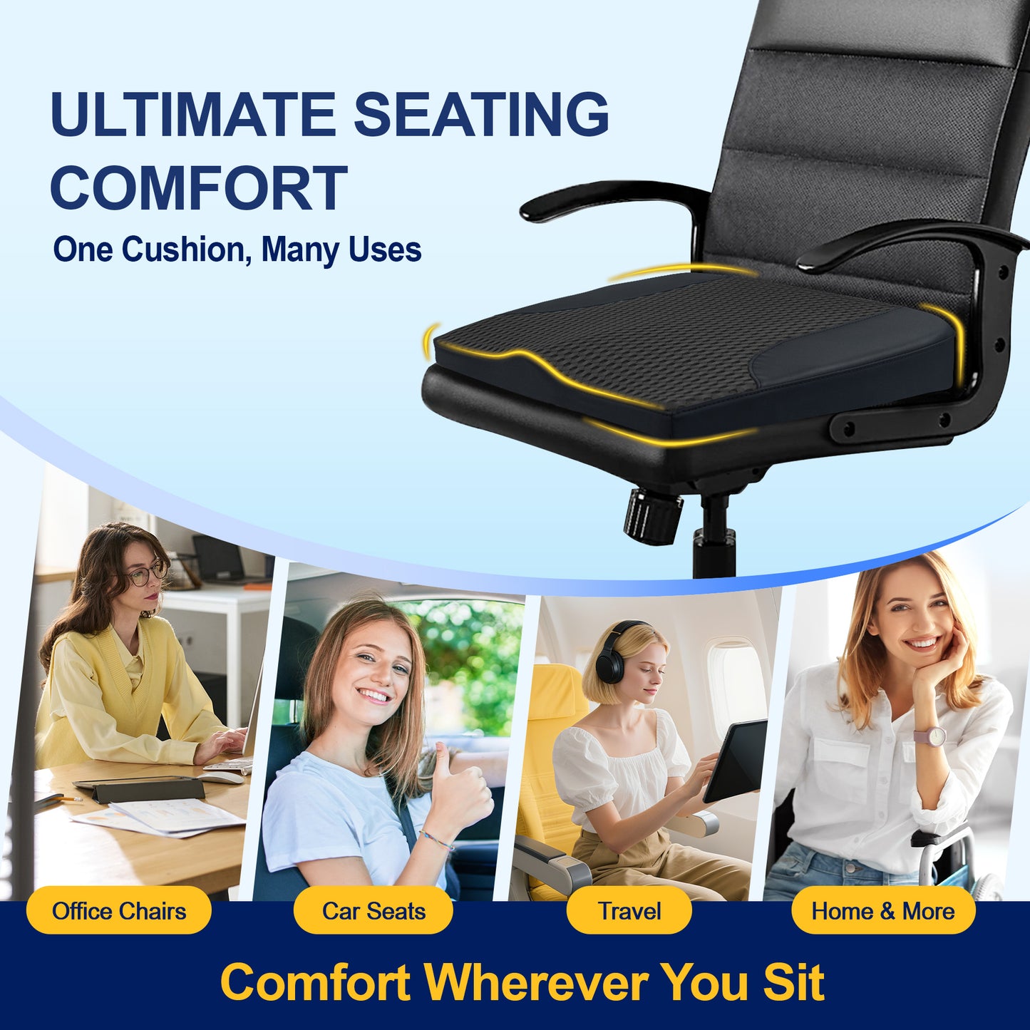 kingphenix Car Seat Cushion – Memory Foam Pad for Driving Comfort – Boosts Height and Relieves Coccyx & Lower Back Pain – Car, Truck, Office Chair (Leather & 4D Mesh Black)