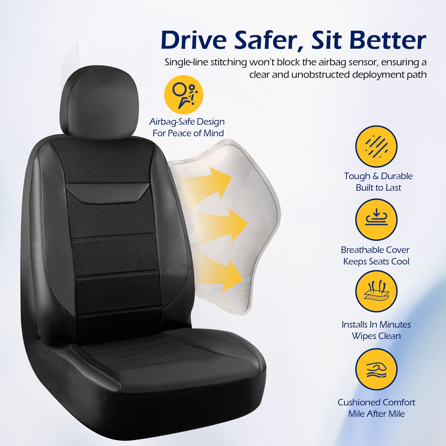 kingphenix 2 Pack Front Memory Foam Leather Car Seat Covers, Breathable 4D Mesh, Easy Install Automotive Seat Protectors, Airbag Compatible, Universal Fit for Cars, Trucks, Vans, SUV - Black