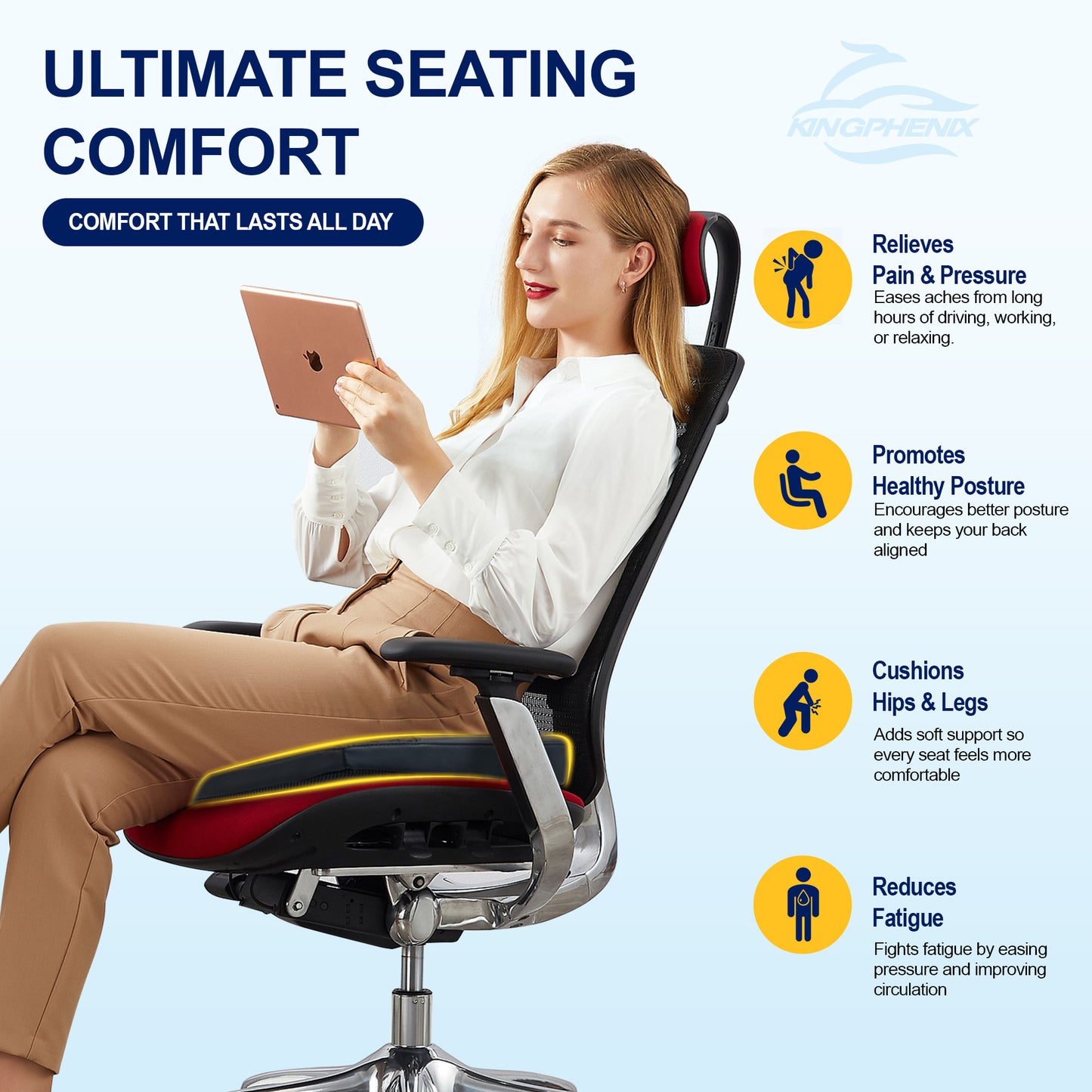 kingphenix Car Seat Cushion – Memory Foam Pad for Driving Comfort – Boosts Height and Relieves Coccyx & Lower Back Pain – Car, Truck, Office Chair (Leather & 4D Mesh Black)