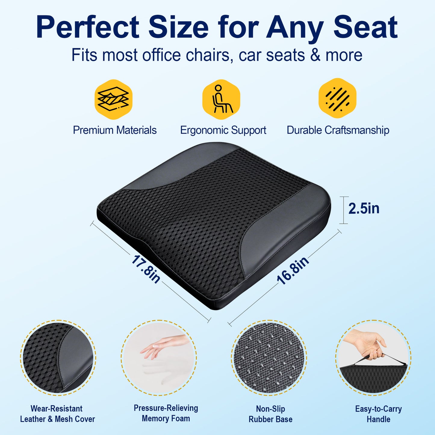 kingphenix Car Seat Cushion – Memory Foam Pad for Driving Comfort – Boosts Height and Relieves Coccyx & Lower Back Pain – Car, Truck, Office Chair (Leather & 4D Mesh Black)