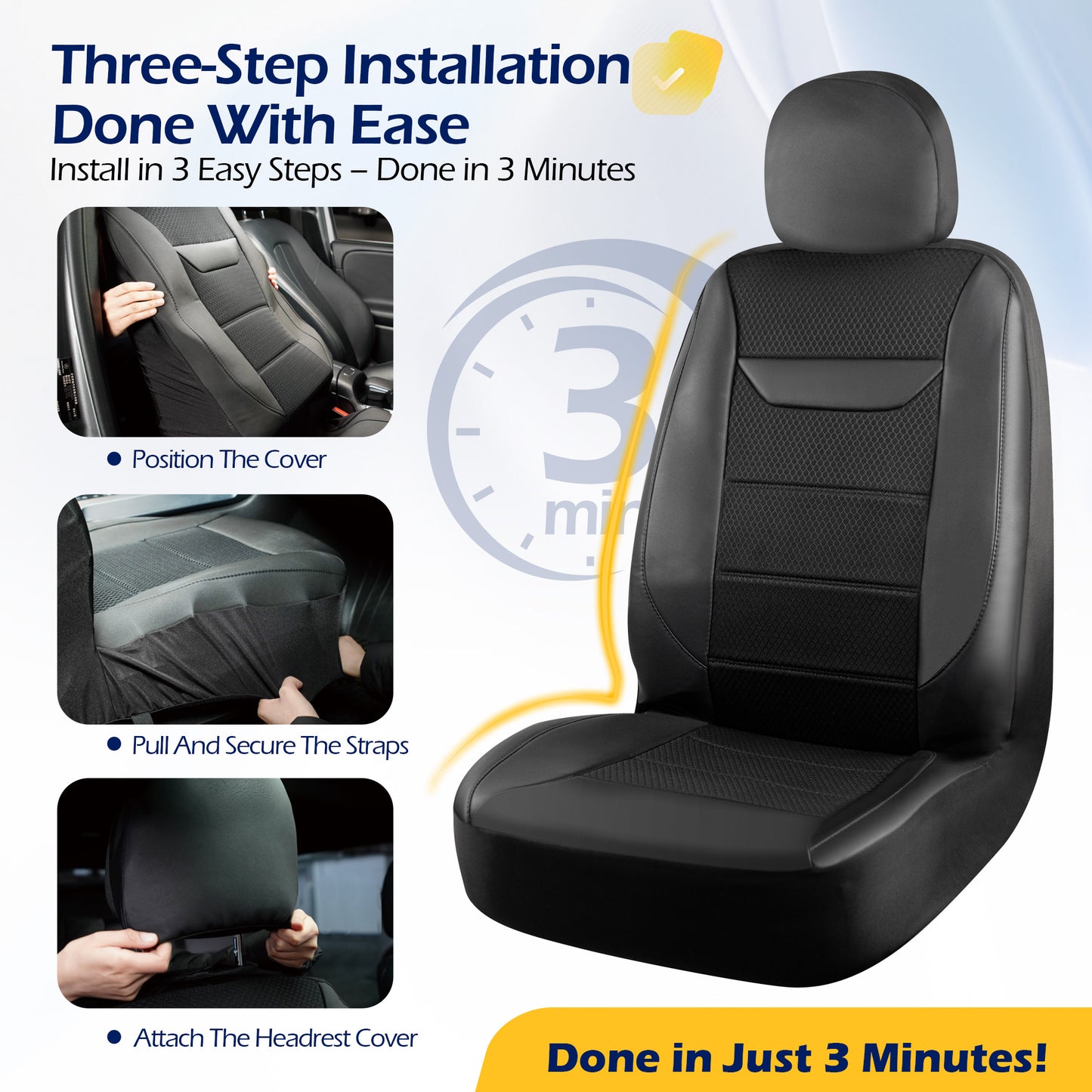 kingphenix 2 Pack Front Memory Foam Leather Car Seat Covers, Breathable 4D Mesh, Easy Install Automotive Seat Protectors, Airbag Compatible, Universal Fit for Cars, Trucks, Vans, SUV - Black