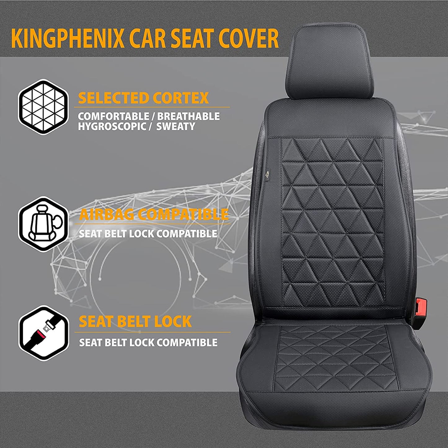 kingphenix Car Seat Cover - 1 Piece - Luxury Leather Car Seat Covers Front Seats Only - Universal Non-Slip Auto Seat Cover for 95% of Car Seats - Black